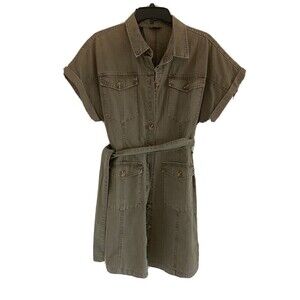 Buffalo Olive Green Military Button Down Shirt Dress with Tie Belt size L